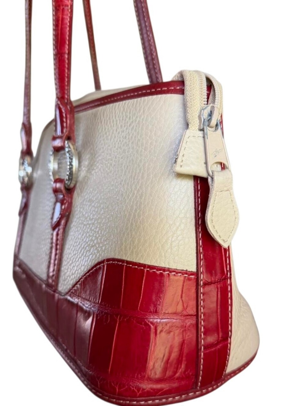 Vintage Brighton Cream & Red Croc Pebbled Leather Shoulder Bag Silver Hardware - Picture 3 of 8